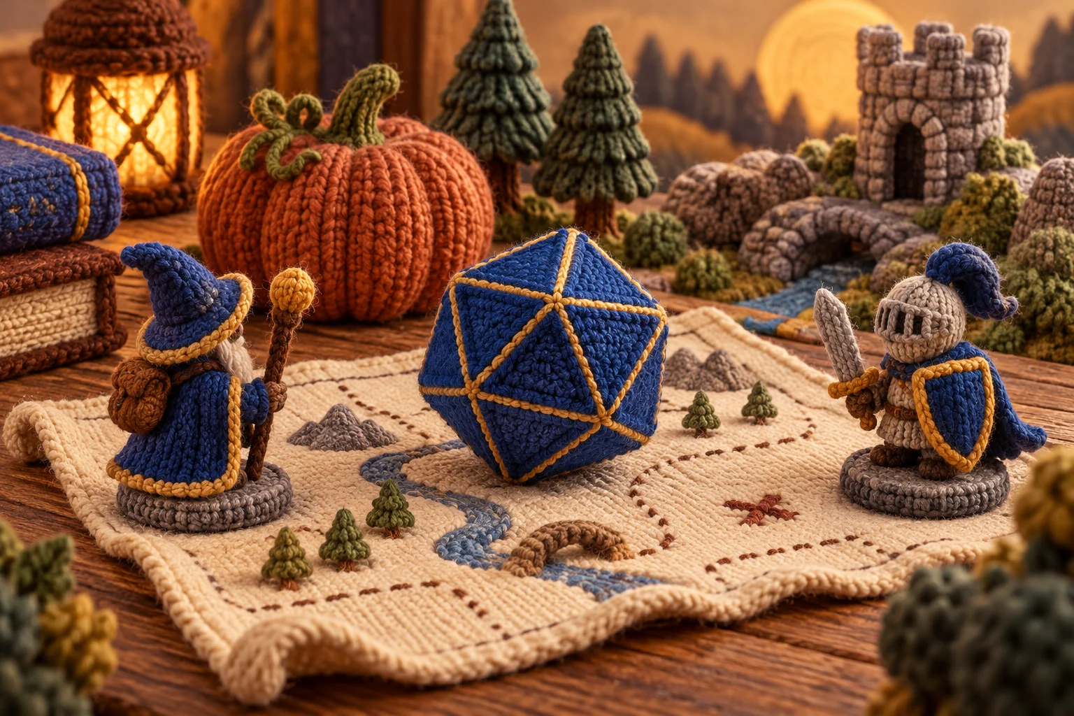 Вязаный игровой мир D&D: кубик, фигурки, замок и тыква